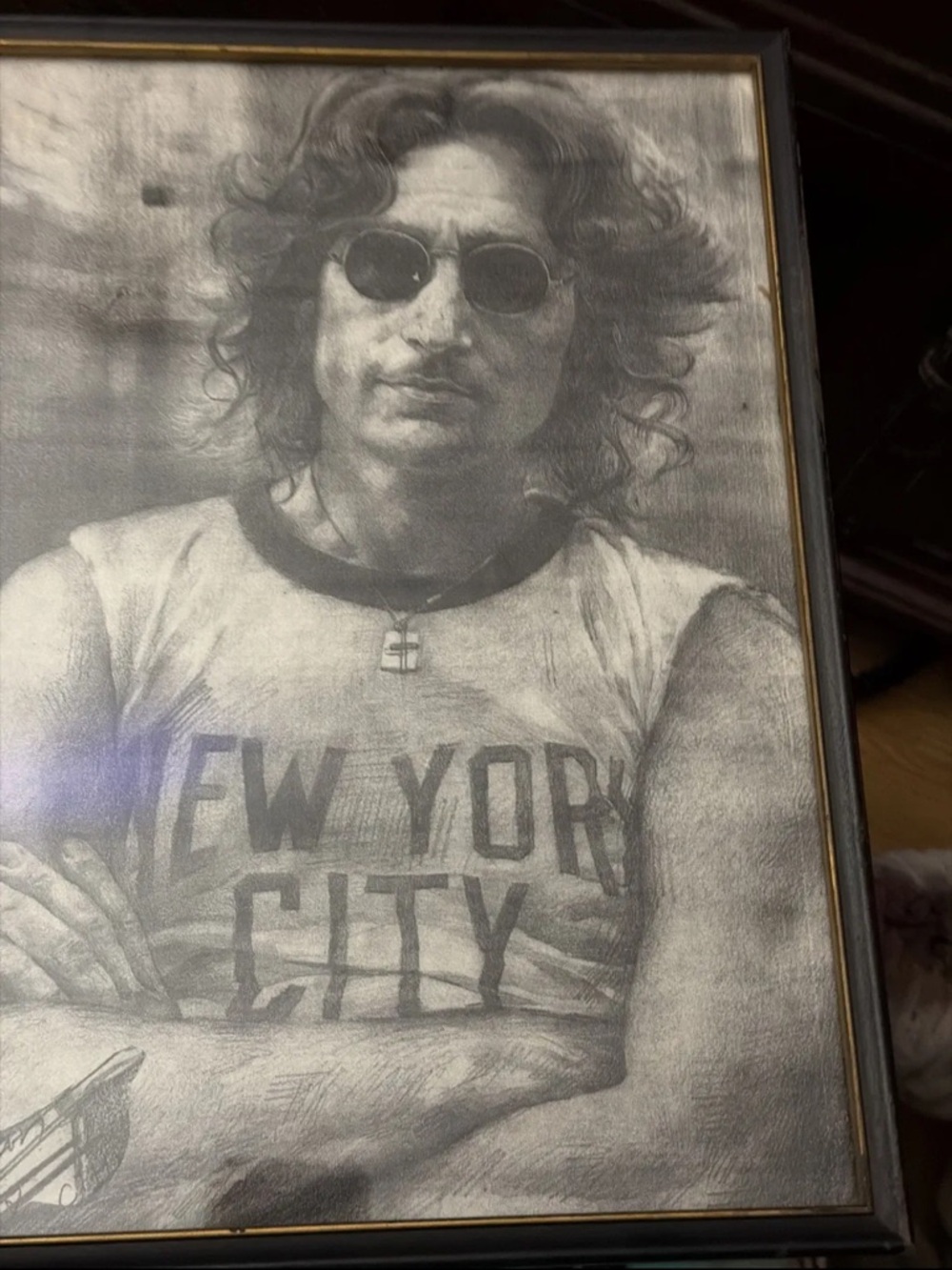 Framed John Lennon 'New York City' Pencil Drawing
